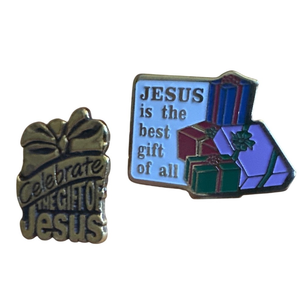 Vintage Jesus Christmas Lapel Pin Set Celebrate the Gift of Jesus Enamel Gold
